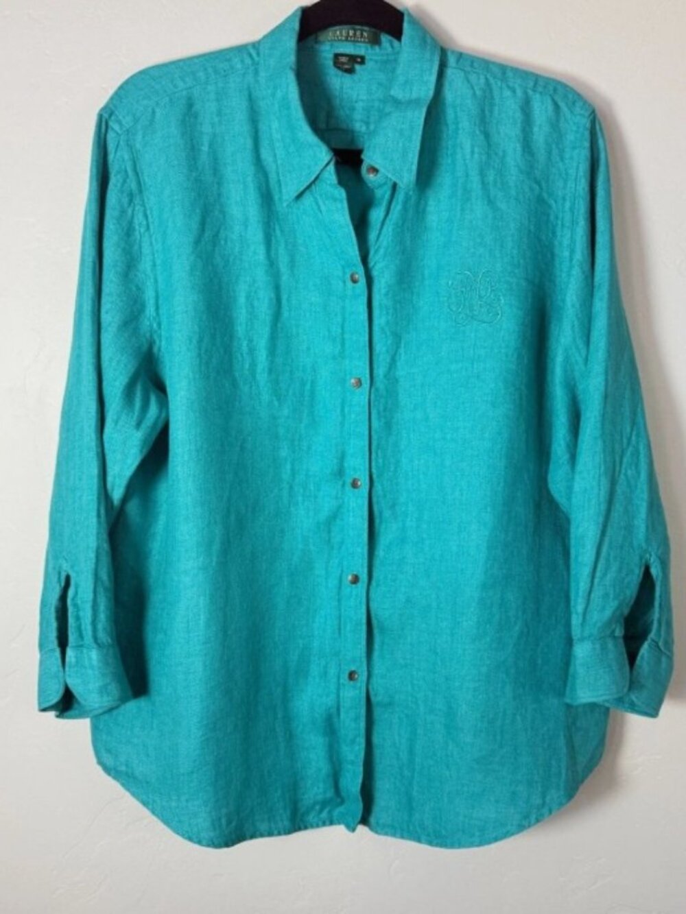 Lauren Ralph Lauren 2X 100% Linen Teal Monogram Button Down